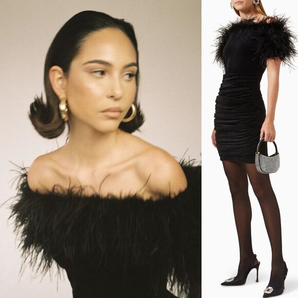 Elegant Black Feathered Mini Dress - Picture 1 of 10